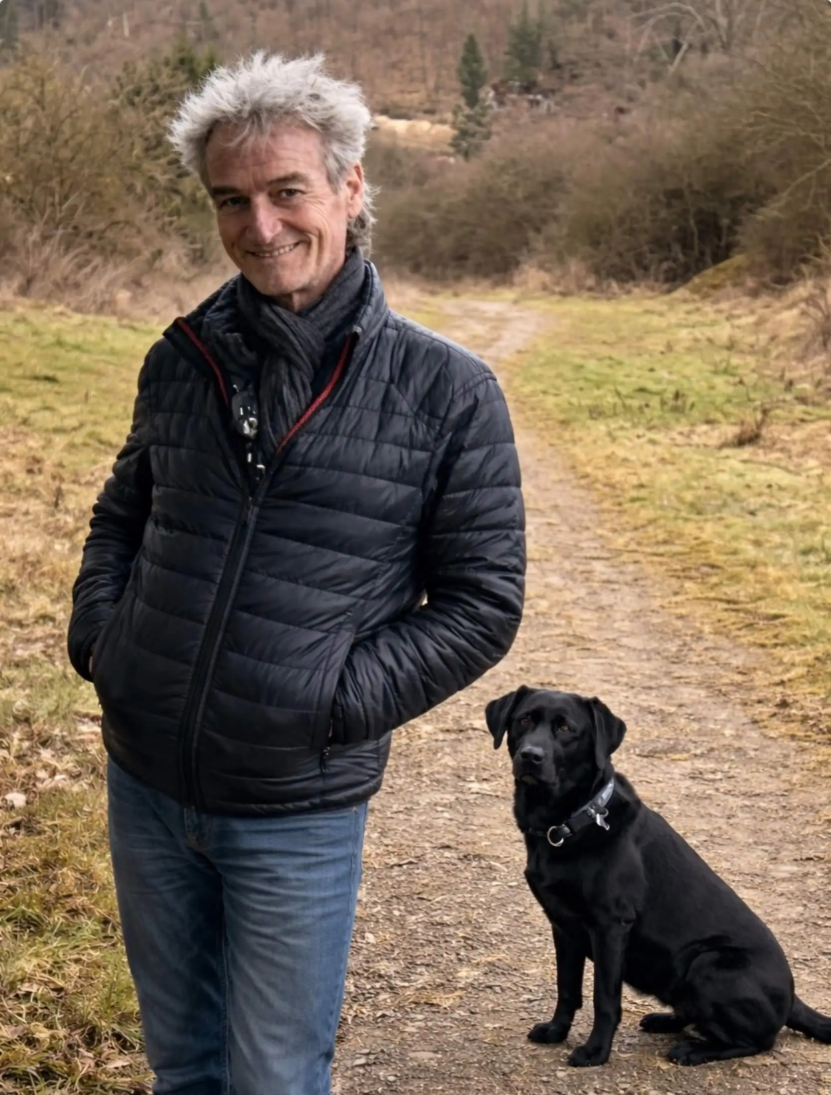 Helmut Becker in the forest with his dog